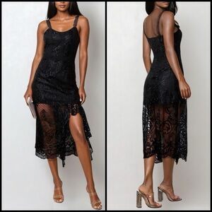 Reveuse Ruffle Hem Black Crochet Lace Semi sheer Coquette Goth Midi Sexy Dress L